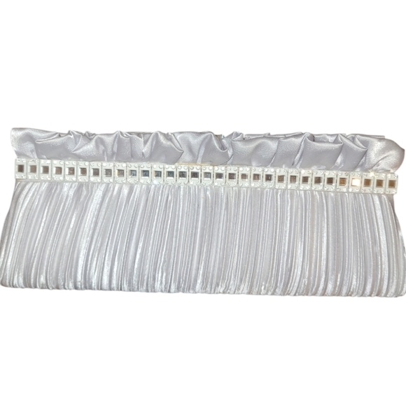 Silver Metallic Evening Clutch with Scrunched Pleated Fabric and Rhinestone Trim - Picture 1 of 10